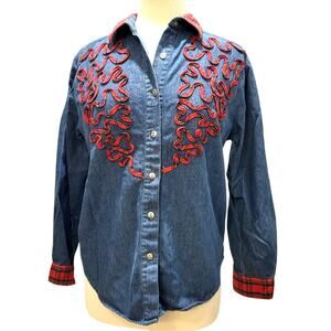 Vtg 80s Denim Shirt Red Plaid Squiggles Collar Cuffs Long Sleeves Petite Small